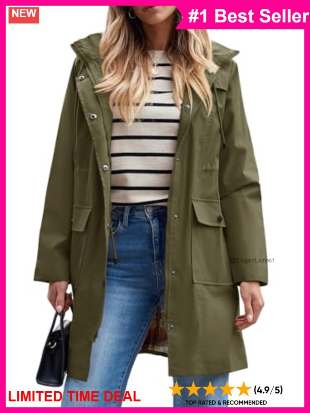 SaphiRose Waterproof Long Rain Jacket Hooded Windbreaker Trench